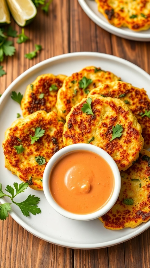 Crispy baked zucchini patties on a plate with herbs and dipping sauce.